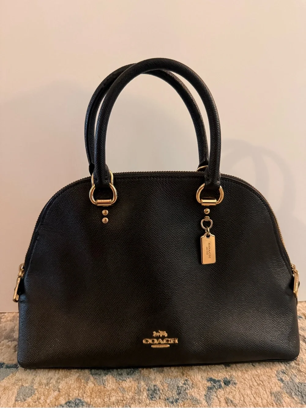 Coach Katy Satchel Black Crossgrain Leather Dome Bag Gold Hardware